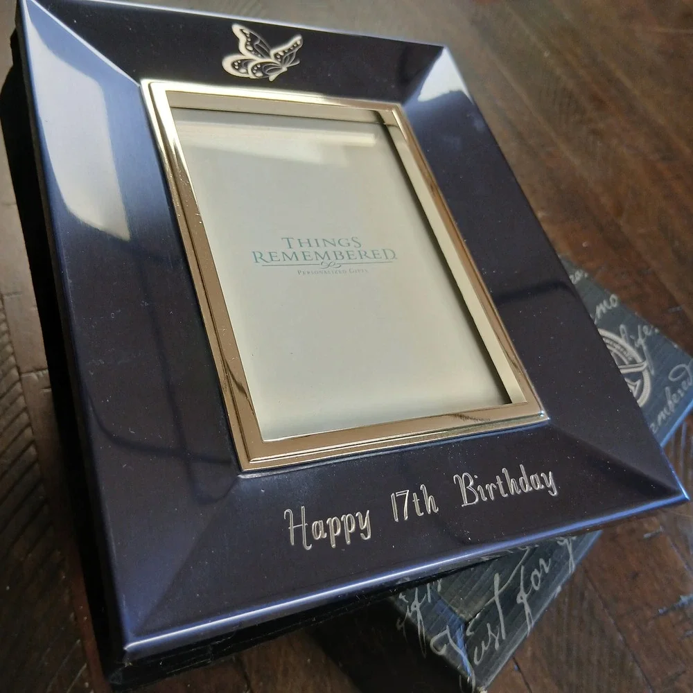 Things Remembered Happy 17th Birthday Butterfly Photo Frame Navy Blue 4x6 NIB